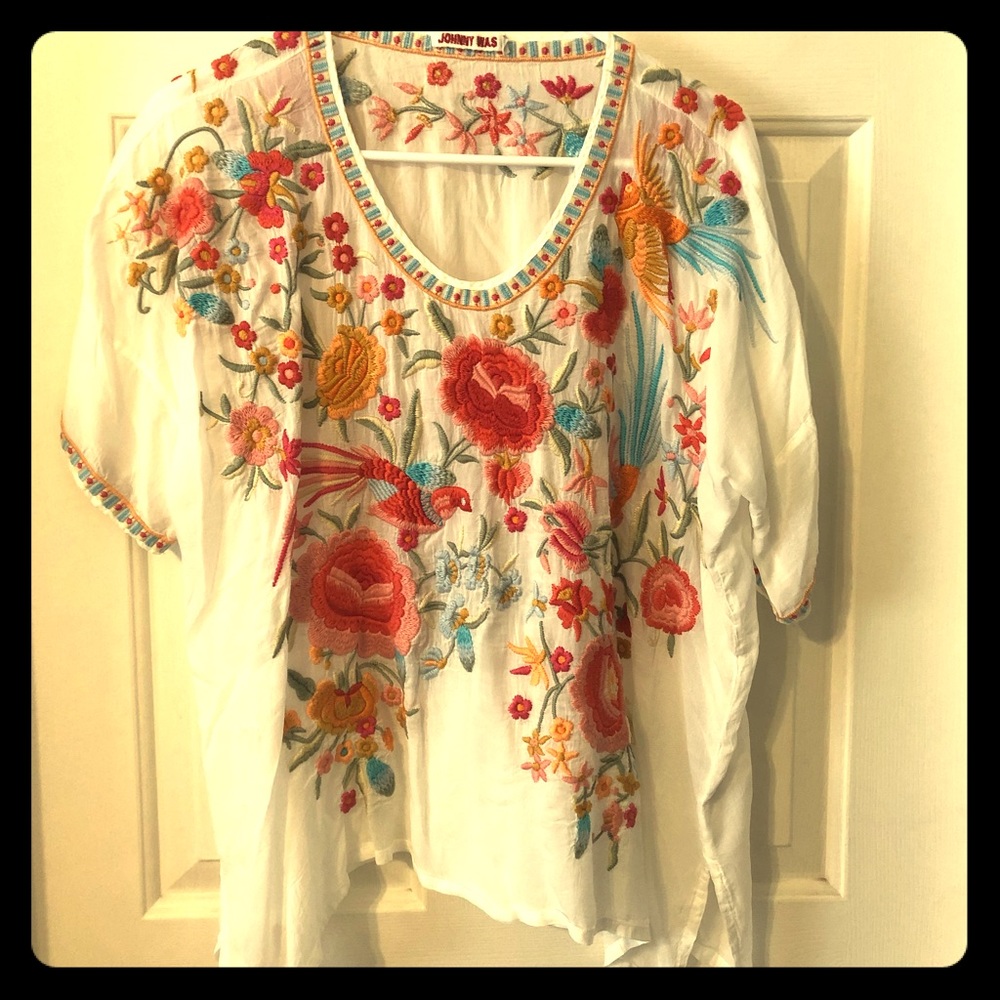 Johnny Was silk blouse with embroidered flowers